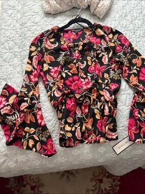 Sam & Jess Floral Peplum Blouse in Black with Pink & Orange Print